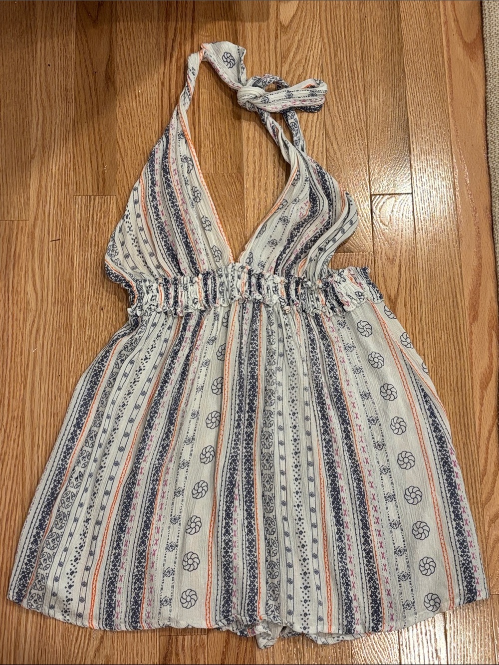 Halter-Neck Striped Mini Dress in Cream with Navy & Coral
